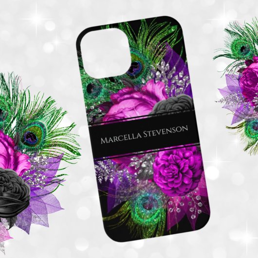 Elegant Floral Monogram Peacock Feather Glitter iPhone Hoesje