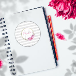 Elegant Floral Monogram roze grijze strepen Ronde Sticker