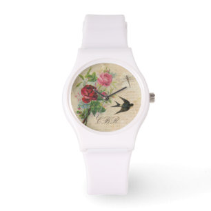 Elegant Floral Monogram roze Roses Bird Dragonfly Horloge