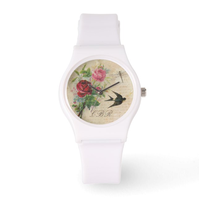 Elegant Floral Monogram Roze Rozen Vogel Dragonfly Horloge (Voorkant)