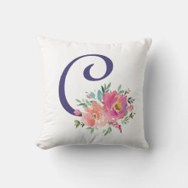 Elegant Floral Monogram Roze Waterverf Rozen Kussen