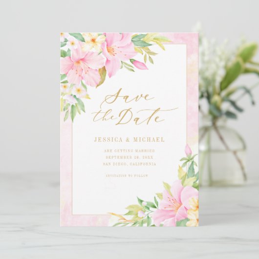 Elegant Floral Monogram Waterverf Botanische Roze Save The Date (Staand voorkant)