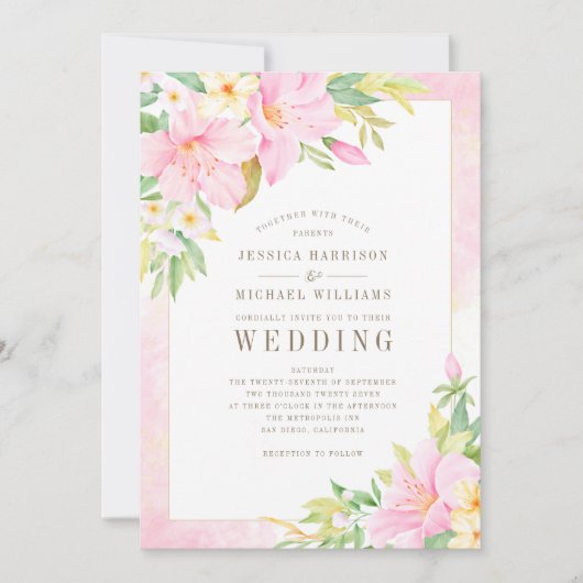 Elegant Floral Monogram Waterverf Roze bruiloft Kaart (Voorkant)