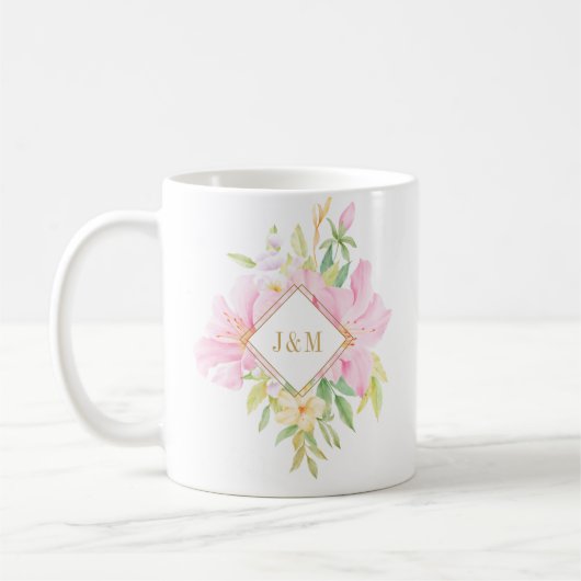 Elegant Floral Monogram Waterverf Roze bruiloft Koffiemok (Links)