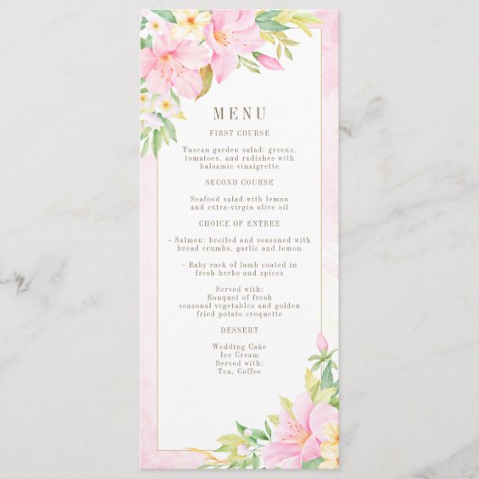 Elegant Floral Monogram Waterverf Roze bruiloft Menu (Voorkant)