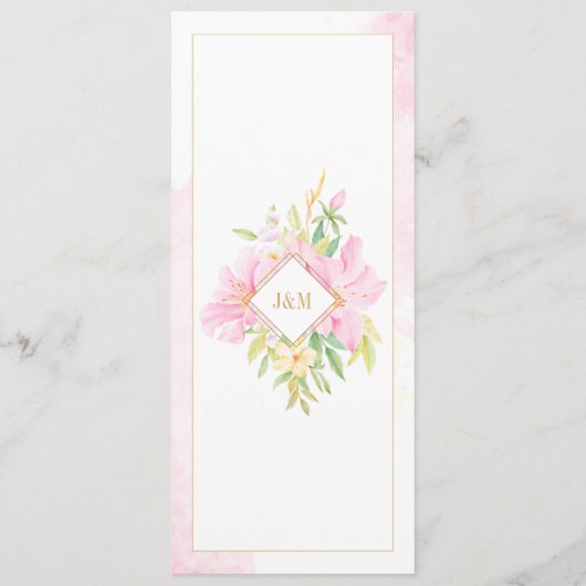 Elegant Floral Monogram Waterverf Roze bruiloft Menu (Achterkant)