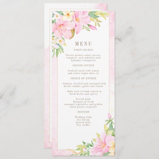 Elegant Floral Monogram Waterverf Roze bruiloft Menu (Voorkant / Achterkant)