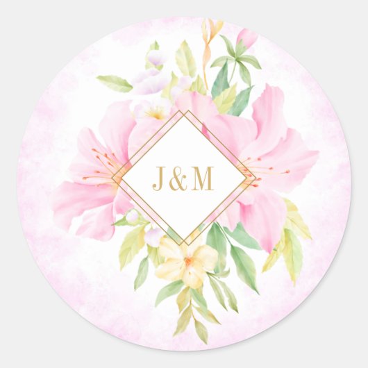 Elegant Floral Monogram Waterverf Roze bruiloft Ronde Sticker (Voorkant)