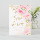 Elegant Floral Monogram Waterverf Roze bruiloft Save The Date (Staand voorkant)