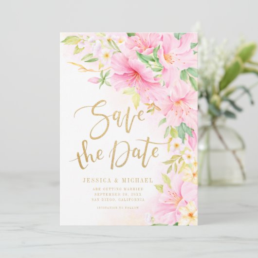 Elegant Floral Monogram Waterverf Roze bruiloft Save The Date (Staand voorkant)