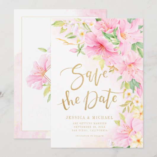 Elegant Floral Monogram Waterverf Roze bruiloft Save The Date (Voorkant / Achterkant)