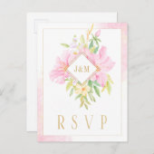 Elegant Floral Monogram Waterverf Roze Gold RSVP Briefkaart (Voorkant / Achterkant)