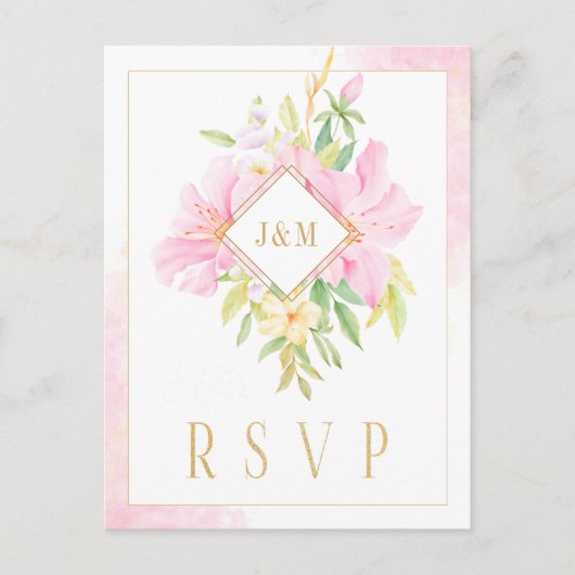 Elegant Floral Monogram Waterverf Roze Gold RSVP Briefkaart (Voorkant)