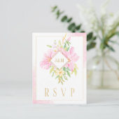 Elegant Floral Monogram Waterverf Roze Gold RSVP Briefkaart (Staand voorkant)