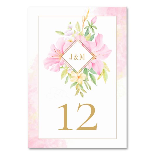Elegant Floral Monogram Waterverf Roze Groen Kaart (Voorkant)