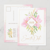 Elegant Floral Monogram Waterverf sparen de Datum Uitnodiging Briefkaart (Voorkant / Achterkant)