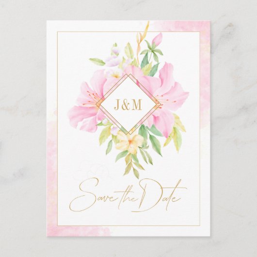 Elegant Floral Monogram Waterverf sparen de Datum Uitnodiging Briefkaart (Voorkant)