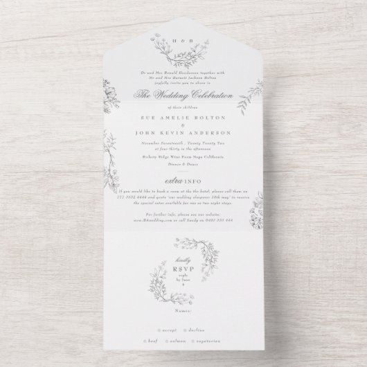 Elegant Floral Monogram Wedding All In One Uitnodiging (Binnen)
