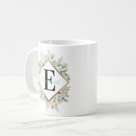 Elegant Floral Monogramed Coffee Mok (Voorkant links)