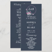 Elegant Floral Monogrammed Blue Wedding Programme (Voorkant / Achterkant)