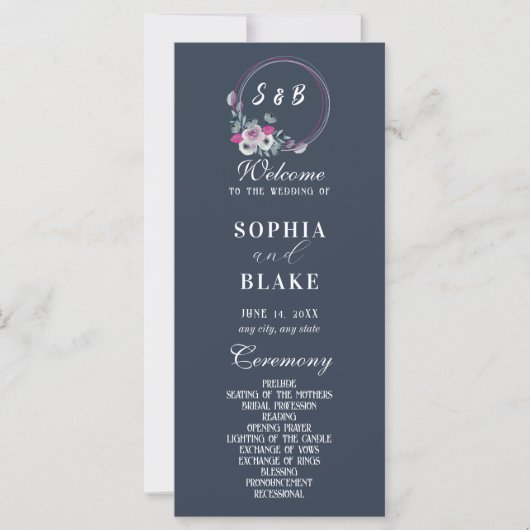 Elegant Floral Monogrammed Blue Wedding Programme (Voorkant)