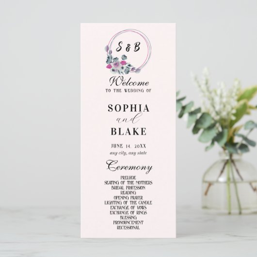 Elegant Floral Monogrammed Cream Wedding Programme (Staand voorkant)