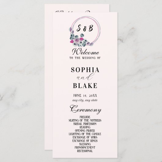 Elegant Floral Monogrammed Cream Wedding Programme (Voorkant / Achterkant)