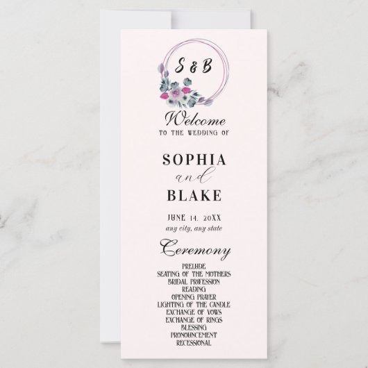 Elegant Floral Monogrammed Cream Wedding Programme (Voorkant)