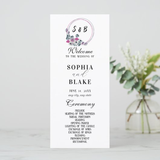 Elegant Floral Monogrammed White Wedding Programme (Staand voorkant)