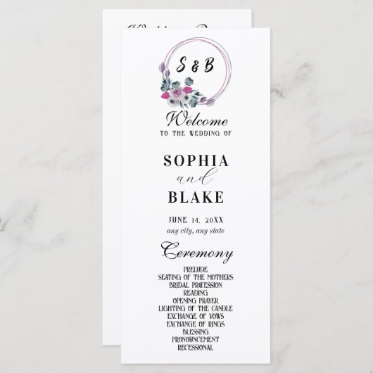Elegant Floral Monogrammed White Wedding Programme (Voorkant / Achterkant)