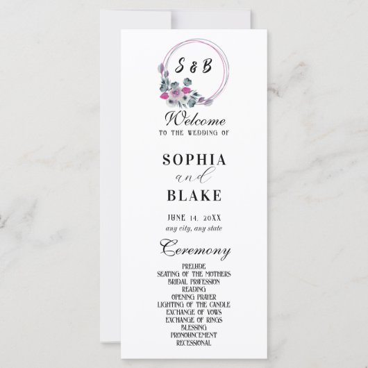 Elegant Floral Monogrammed White Wedding Programme (Voorkant)