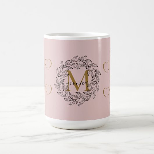 Elegant Floral Name Initiaal Monogram Pink Black Koffiemok (Center)