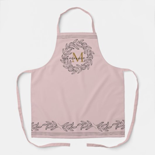 Elegant Floral Name Initiaal Monogram Pink Black Schort (Voorkant)