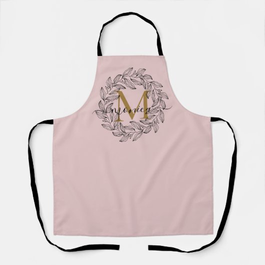 Elegant Floral Name Initiaal Monogram Pink Black Schort (Voorkant)