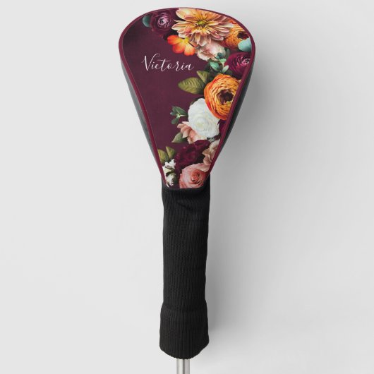 Elegant Floral Name Script Gepersonaliseerd Burgun Golfheadcover (Voorkant)