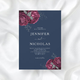 Elegant Floral Navy Blue Burgundy Peonies Wedding Kaart