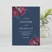 Elegant Floral Navy Blue Burgundy Peonies Wedding Kaart (Staand voorkant)