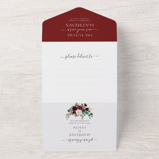 Elegant Floral Navy Blue Burgundy Red Weddenschap All In One Uitnodiging (Buitenkant)