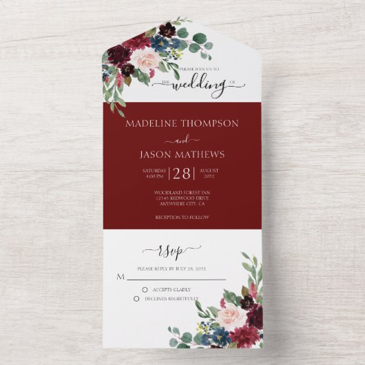 Elegant Floral Navy Blue Burgundy Red Weddenschap All In One Uitnodiging (Binnen)