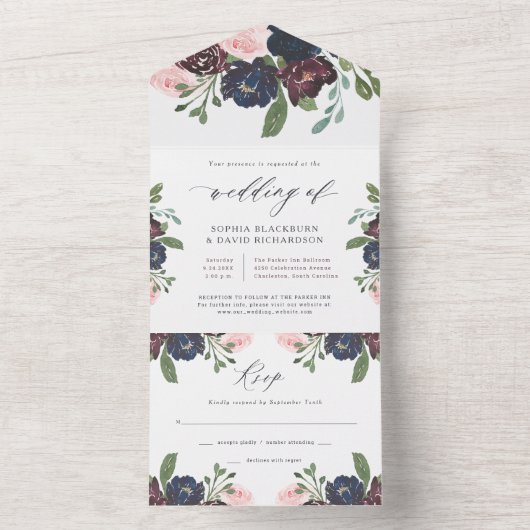 Elegant Floral Navy Blue en Plum | Weddenschap All In One Uitnodiging (Binnen)