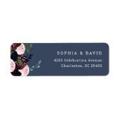 Elegant Floral Navy Blue en Plum | Weddenschap Etiket (Voorkant)
