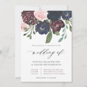 Elegant Floral Navy Blue en Plum | Weddenschap Kaart (Voorkant)