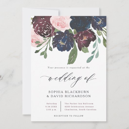 Elegant Floral Navy Blue en Plum | Weddenschap Kaart (Voorkant)