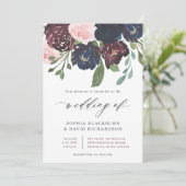 Elegant Floral Navy Blue en Plum | Weddenschap Kaart (Staand voorkant)