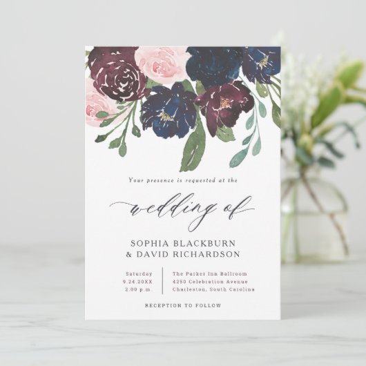 Elegant Floral Navy Blue en Plum | Weddenschap Kaart (Staand voorkant)