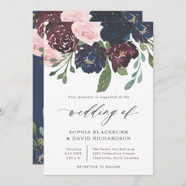Elegant Floral Navy Blue en Plum | Weddenschap Kaart