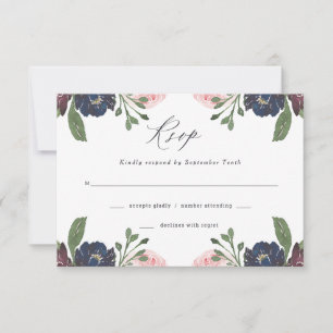 Elegant Floral Navy Blue en Plum   Weddenschap RSVP Kaartje