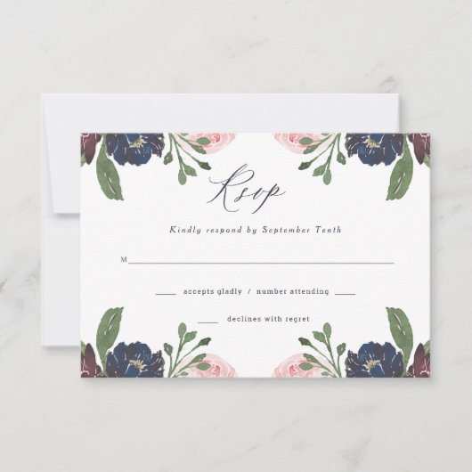 Elegant Floral Navy Blue en Plum | Weddenschap RSVP Kaartje (Voorkant)