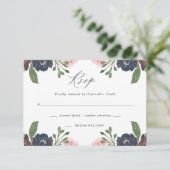 Elegant Floral Navy Blue en Plum | Weddenschap RSVP Kaartje (Staand voorkant)