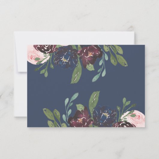 Elegant Floral Navy Blue en Plum | Weddenschap RSVP Kaartje (Achterkant)